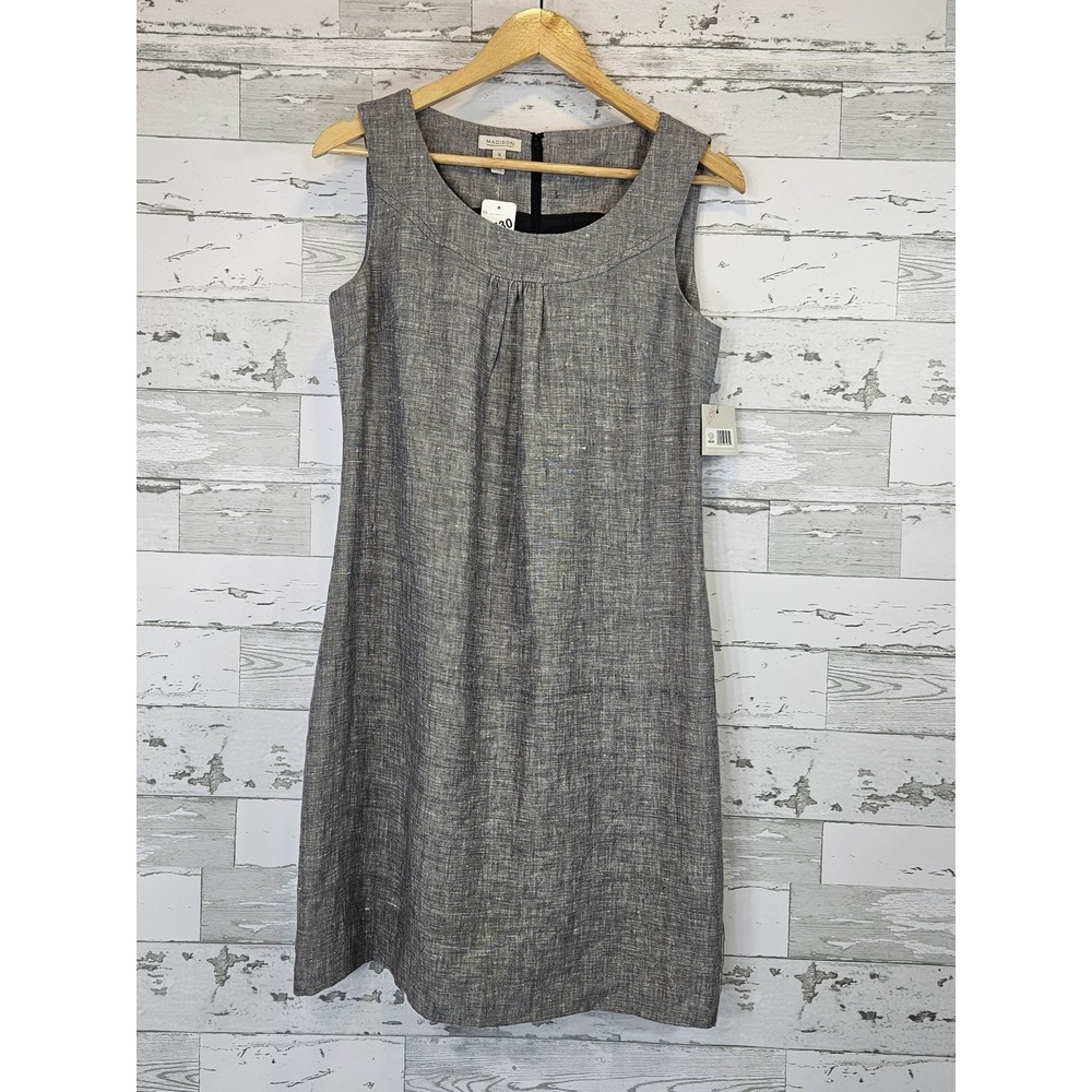 Madison 100% Linen Sleeveles Shift Dress 8 Black Gray Lined Minimalist